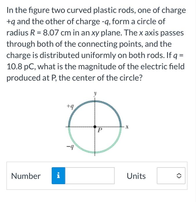 In The Figure Two Curved Plastic Rods One Of Charge Q And The Other Of Charge Q Form A Circle Of Radius R 8 07 Cm 1