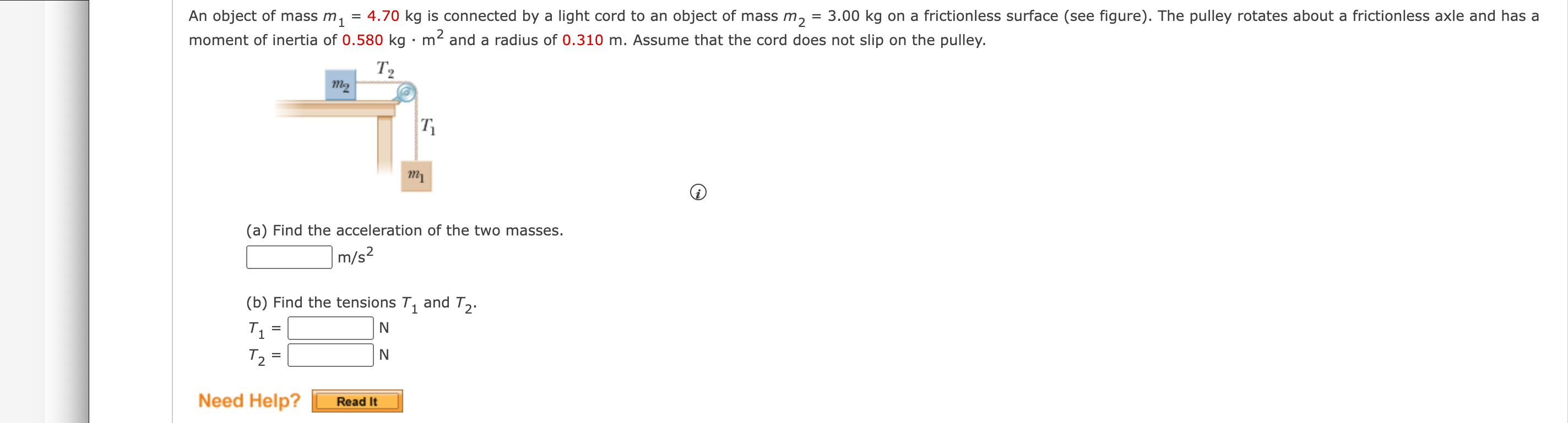 An Object Of Mass M 4 70 Kg Is Connected By A Light Cord To An Object Of Mass M2 3 00 Kg On A Frictionless Surface S 1