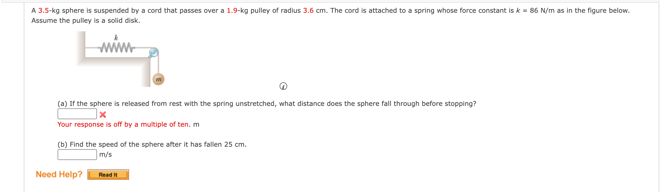 A 3 5 Kg Sphere Is Suspended By A Cord That Passes Over A 1 9 Kg Pulley Of Radius 3 6 Cm The Cord Is Attached To A Spri 1