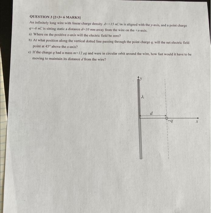 Question 3 2 3 6 Marks An Infinitely Long Wire With Linear Charge Density 15 Nc M Is Aligned With The Y Axis And A 1