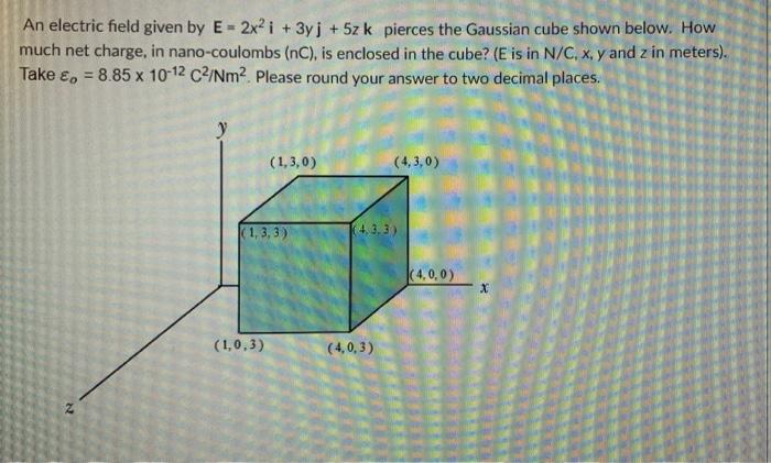 An Electric Field Given By E 2x2 I 3yj 5z K Pierces The Gaussian Cube Shown Below How Much Net Charge In Nano Cou 1