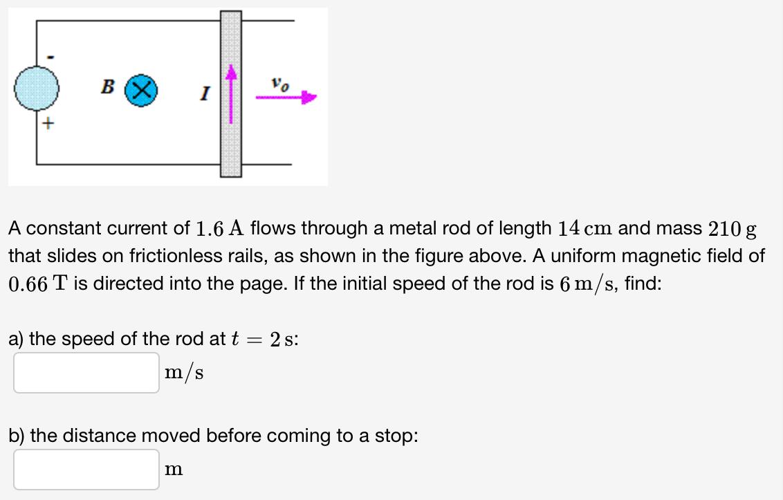 B 7 A Constant Current Of 1 6 A Flows Through A Metal Rod Of Length 14 Cm And Mass 210 G That Slides On Frictionless Rai 1