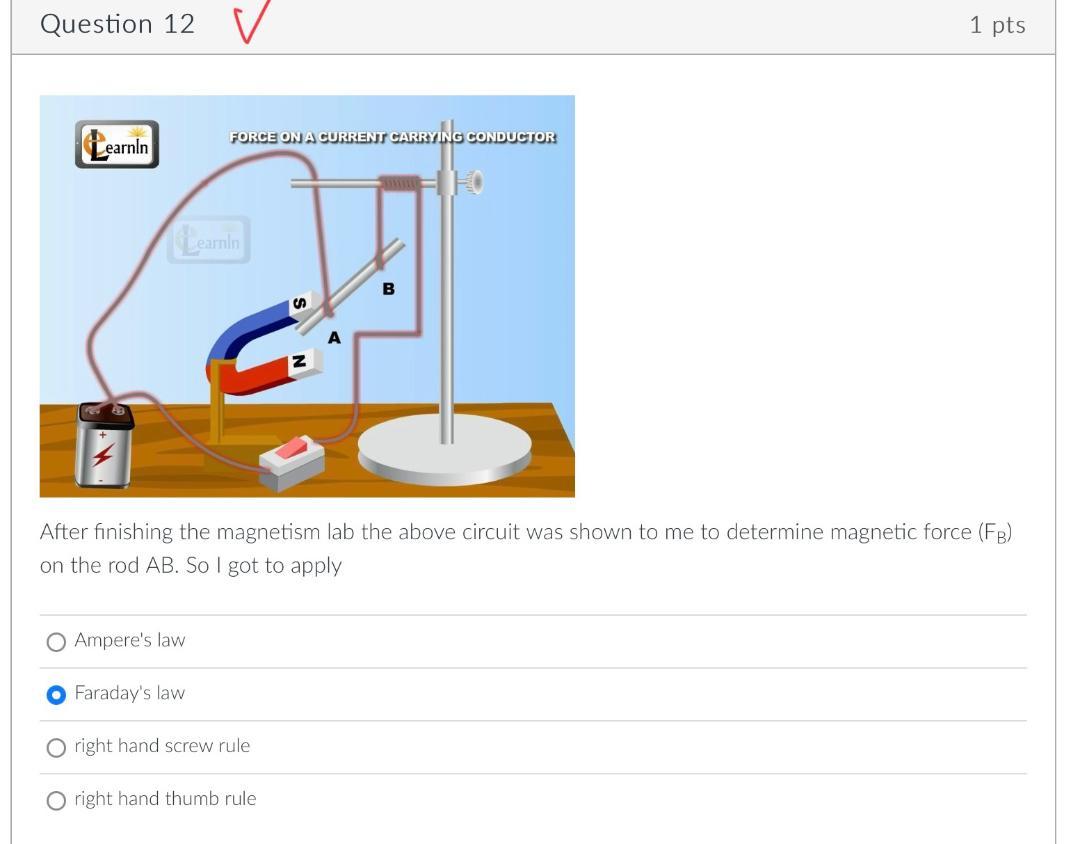 Question 12 V Learnin Learnin Ampere S Law Force On A Current Carrying Cond Faraday S Law S O Right Hand Screw Rule O Ri 1