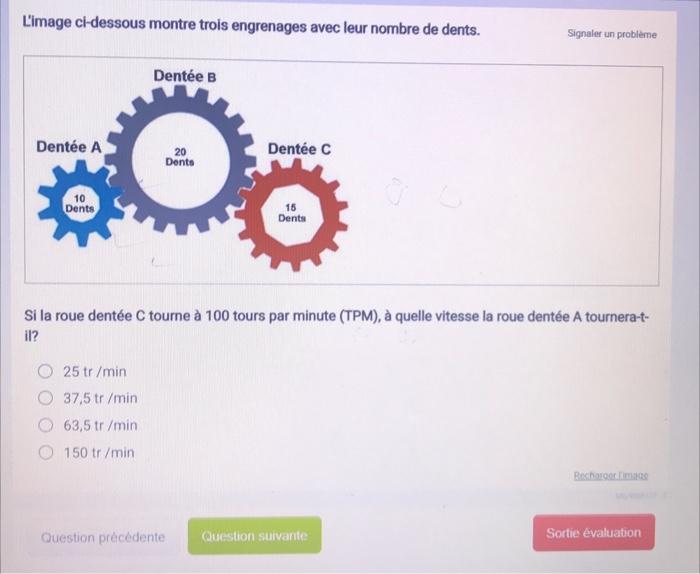 L Image Ci Dessous Montre Trois Engrenages Avec Leur Nombre De Dents Dentee A 10 Dents Dentee B 25 Tr Min 37 5 Tr Min 6 3