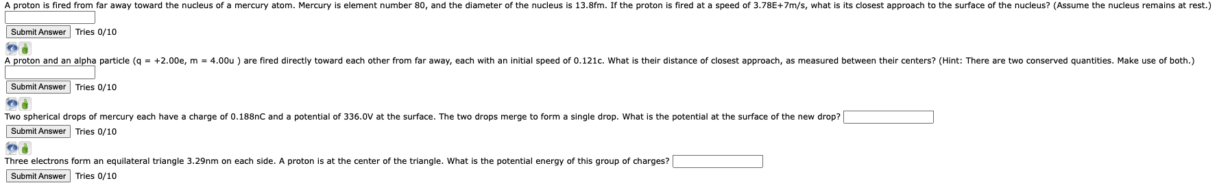 A Proton Is Fired From Far Away Toward The Nucleus Of A Mercury Atom Mercury Is Element Number 80 And The Diameter Of 1