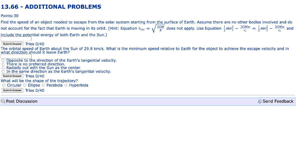 13 66 Additional Problems Points 30 Find The Speed Of An Object Needed To Escape From The Solar System Starting From T 1