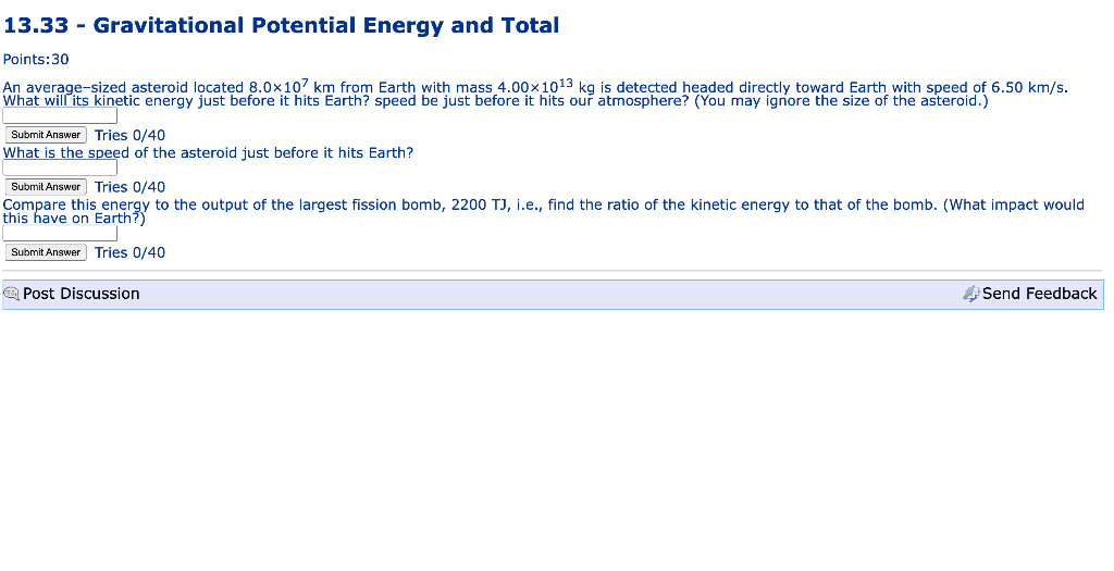 13 33 Gravitational Potential Energy And Total Points 30 An Average Sized Asteroid Located 8 0x107 Km From Earth With 1