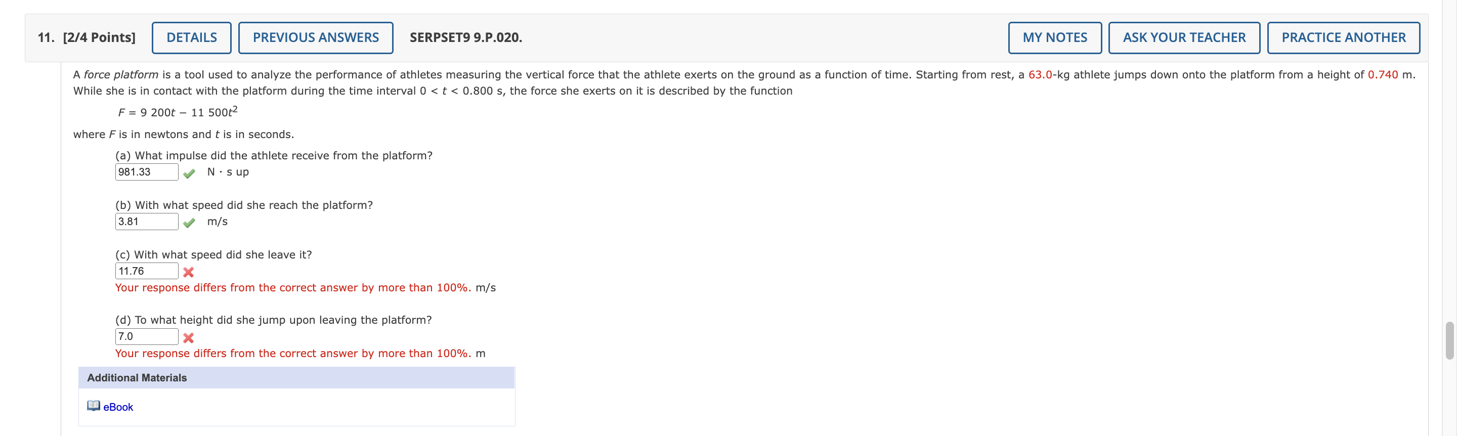 11 2 4 Points Details Previous Answers Serpset9 9 P 020 A What Impulse Did The Athlete Receive From The Platform 1