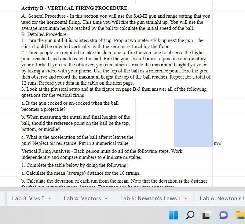 Activity B Vertical Firing Procedure A General Procedure In This Section You Will Use The Same Gun And Range Settin 1