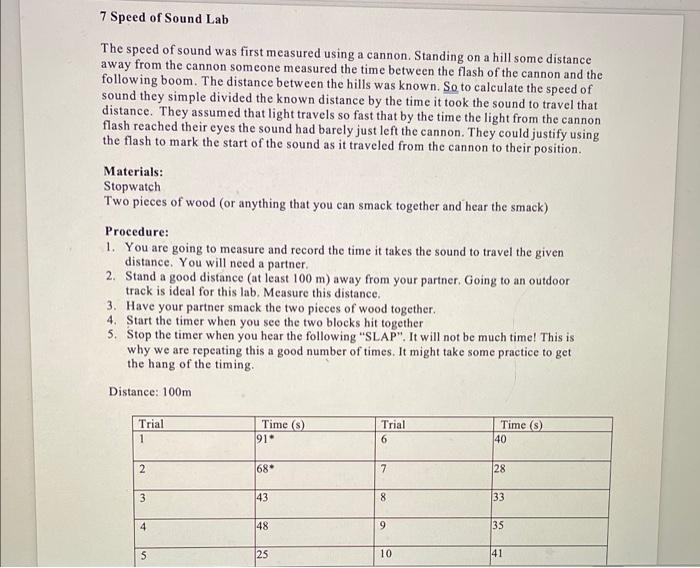 7 Speed Of Sound Lab The Speed Of Sound Was First Measured Using A Cannon Standing On A Hill Some Distance Away From Th 1