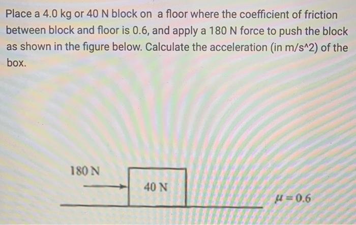 Place A 4 0 Kg Or 40 N Block On A Floor Where The Coefficient Of Friction Between Block And Floor Is 0 6 And Apply A 18 1