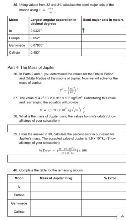 35 Using Values From 32 And 34 Calculate The Semi Major Axis Of The Moons Using A Moon Lo Europa Ganymede Callisto 1 1