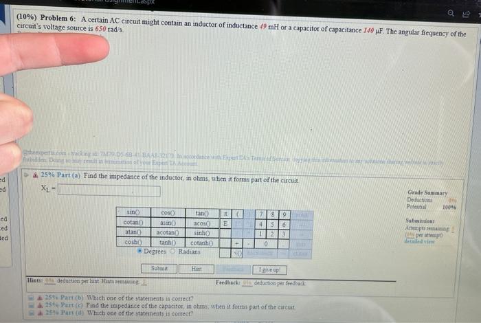 Ed Ed Ed Ced Ed 10 Problem 6 A Certain Ac Circuit Might Contain An Inductor Of Inductance 49 Mh Or A Capacitor Of Ca 1