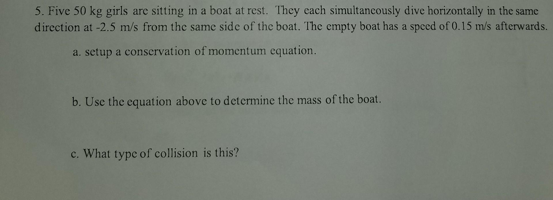 5 Five 50 Kg Girls Are Sitting In A Boat At Rest They Each Simultaneously Dive Horizontally In The Same Direction At 1