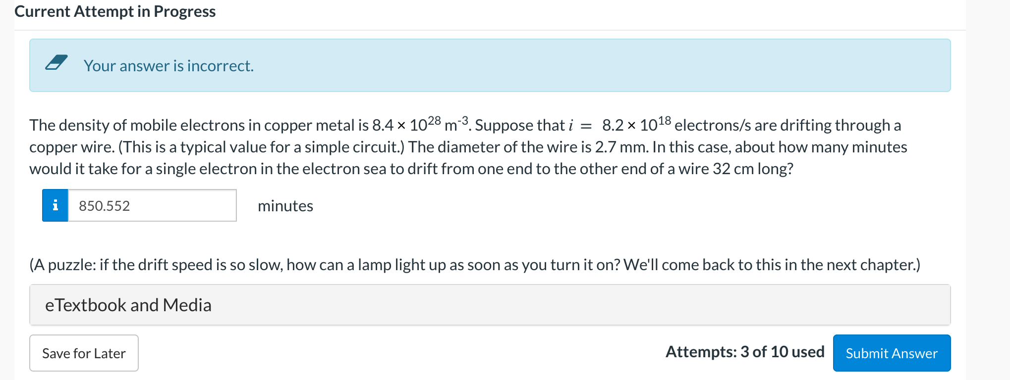 Current Attempt In Progress Your Answer Is Incorrect The Density Of Mobile Electrons In Copper Metal Is 8 4 X 1028 M 1