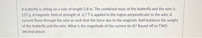 A Butterfly Is Sitting On A Wire Of Length 5 8 M The Combined Mass Of The Butterfly And The Wire Is 137 G A Magnetic F 1