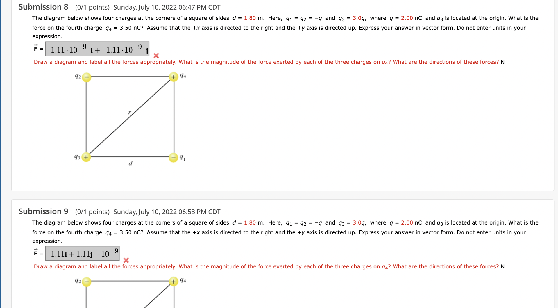 Submission 8 0 1 Points Sunday July 10 2022 06 47 Pm Cdt The Diagram Below Shows Four Charges At The Corners Of A Sq 1