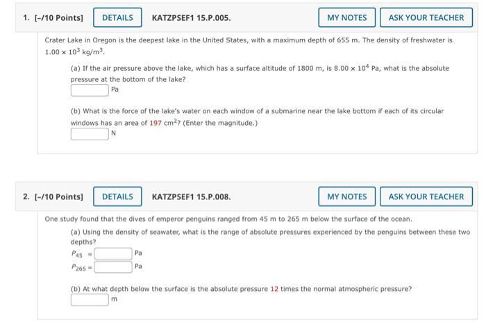 1 10 Points Katzpsef1 15 P 005 Ask Your Teacher Crater Lake In Oregon Is The Deepest Lake In The United States Wi 1