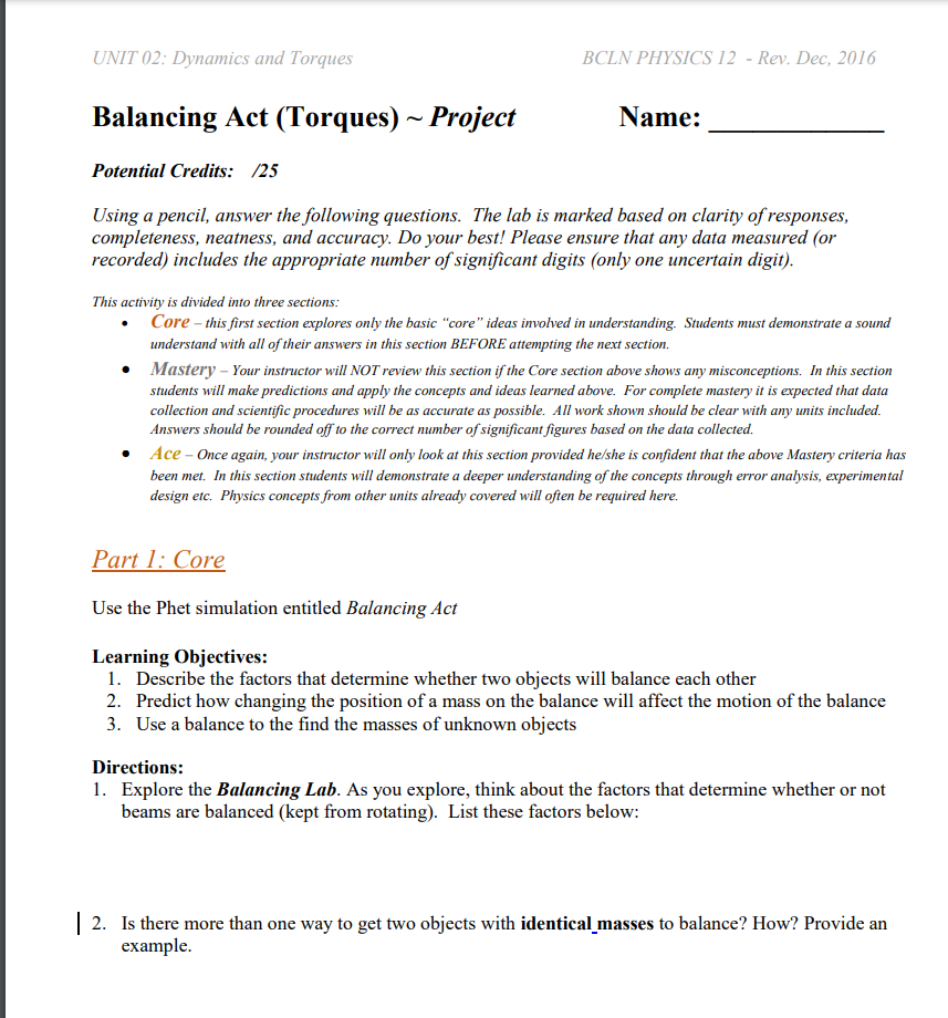 Unit 02 Dynamics And Torques Balancing Act Torques Project Potential Credits 25 Bcln Physics 12 Rev Dec 2016 1