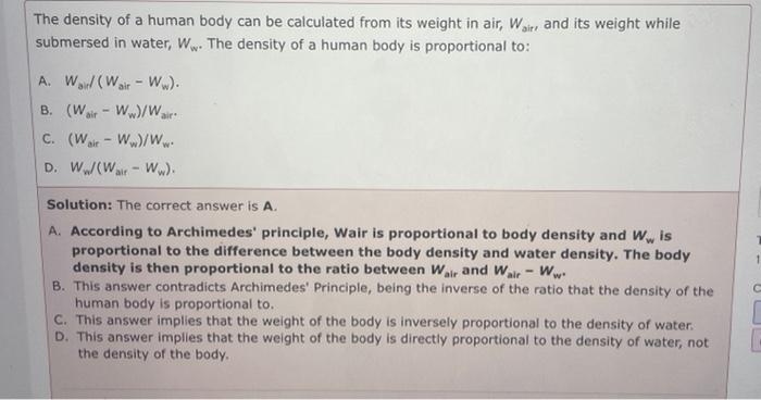 The Density Of A Human Body Can Be Calculated From Its Weight In Air Wair And Its Weight While Submersed In Water W T 1