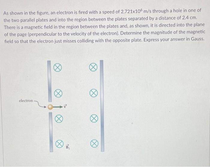 As Shown In The Figure An Electron Is Fired With A Speed Of 2 721x106 M S Through A Hole In One Of The Two Parallel Pla 1