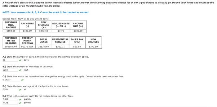 A Household S Electric Bill Is Shown Below Use This Electric Bill To Answer The Following Questions Except For D For D 1