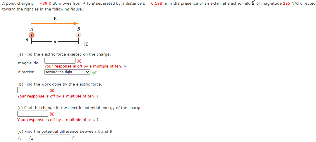 A Point Charge Q 39 0 Uc Moves From A To B Separated By A Distance D 0 198 M In The Presence Of An External Electri 1