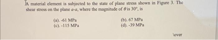 Ia Material Element Is Subjected To The State Of Plane Stress Shown In Figure 3 The Shear Stress On The Plane A A Wher 1