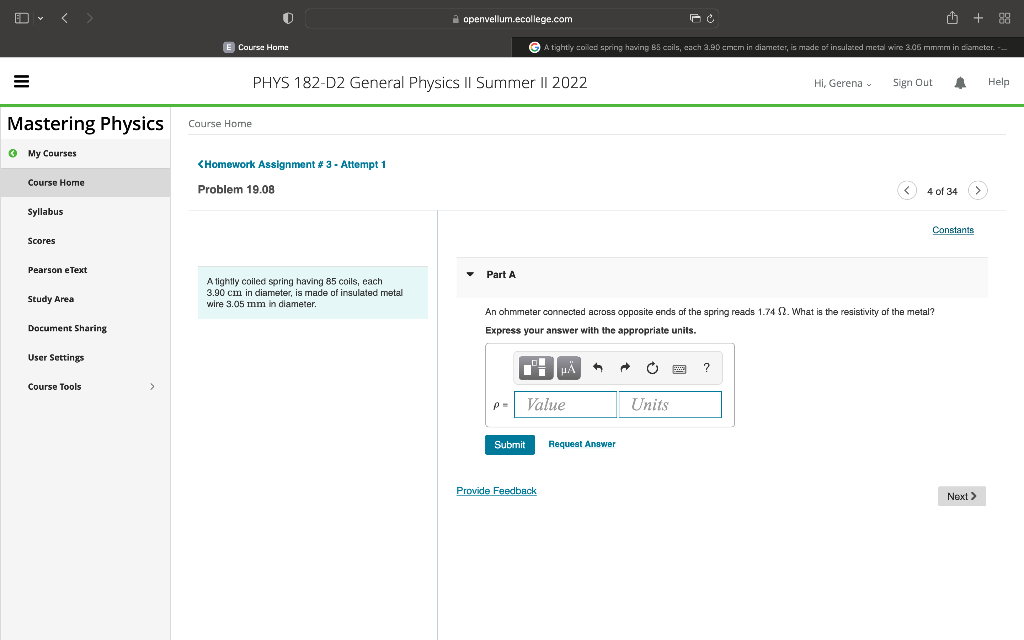 Mastering Physics 3 My Courses Course Home Syllabus Scores Pearson Etext Study Area Document Sharing User Settings Cou 1