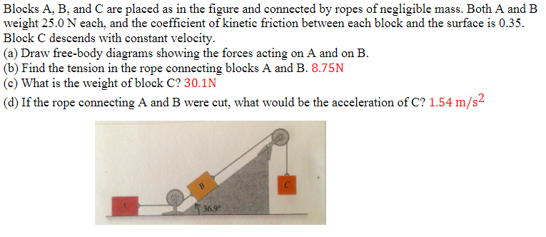 Blocks A B And C Are Placed As In The Figure And Connected By Ropes Of Negligible Mass Both A And B Weight 25 0 N Eac 1