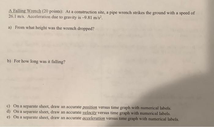 A Falling Wrench 20 Points At A Construction Site A Pipe Wrench Strikes The Ground With A Speed Of 26 1 M S Acceler 1