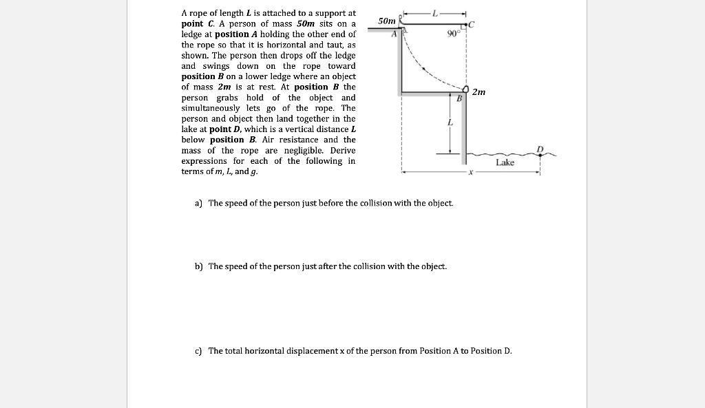 A Rope Of Length L Is Attached To A Support At Point C A Person Of Mass 50m Sits On A Ledge At Position A Holding The O 1