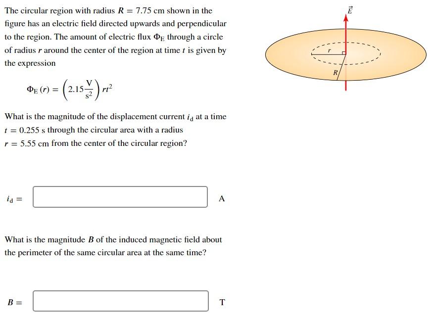 The Circular Region With Radius R 7 75 Cm Shown In The Figure Has An Electric Field Directed Upwards And Perpendicular 1