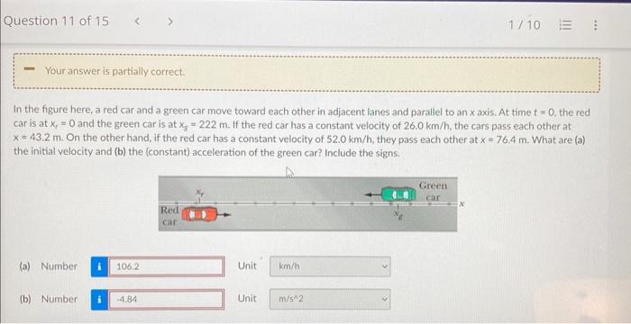Question 11 Of 15 Your Answer Is Partially Correct In The Figure Here A Red Car And A Green Car Move Toward Each Other 1