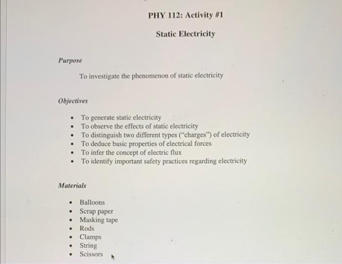 Purpose To Investigate The Phenomenon Of Static Electricity Objectives Phy 112 Activity 1 Static Electricity To Gene 1