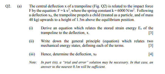 Q2 A The Central Deflection X Of A Trampoline Fig Q2 Is Related To The Impact Force F By The Equation F Kx Wher 1