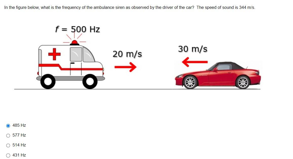 In The Figure Below What Is The Frequency Of The Ambulance Siren As Observed By The Driver Of The Car The Speed Of Sou 1