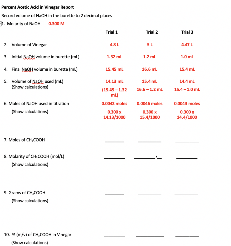 Percent Acetic Acid In Vinegar Report Record Volume Of Naoh In The Burette To 2 Decimal Places 1 Molarity Of Naoh 0 300 1