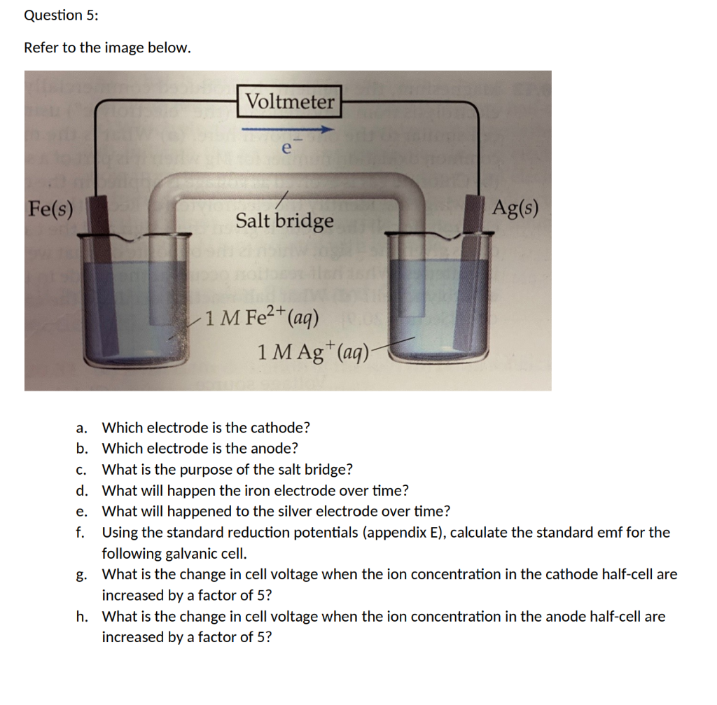 Question 5 Refer To The Image Below Fe S Voltmeter Salt Bridge 2 1 M Fe Aq 1 M Ag Aq A Which Electrode Is Th 1