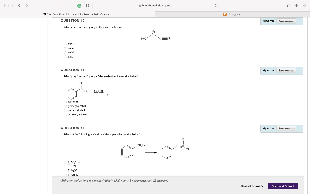 G Take Test Exam 3 Summer 22 Summer 2022 Organic Question 17 What Is The Functional Group In The Molecule Below N 1