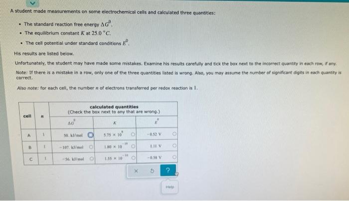 A Student Made Measurements On Some Electrochemical Cells And Calculated Three Quantities The Standard Reaction Free En 1