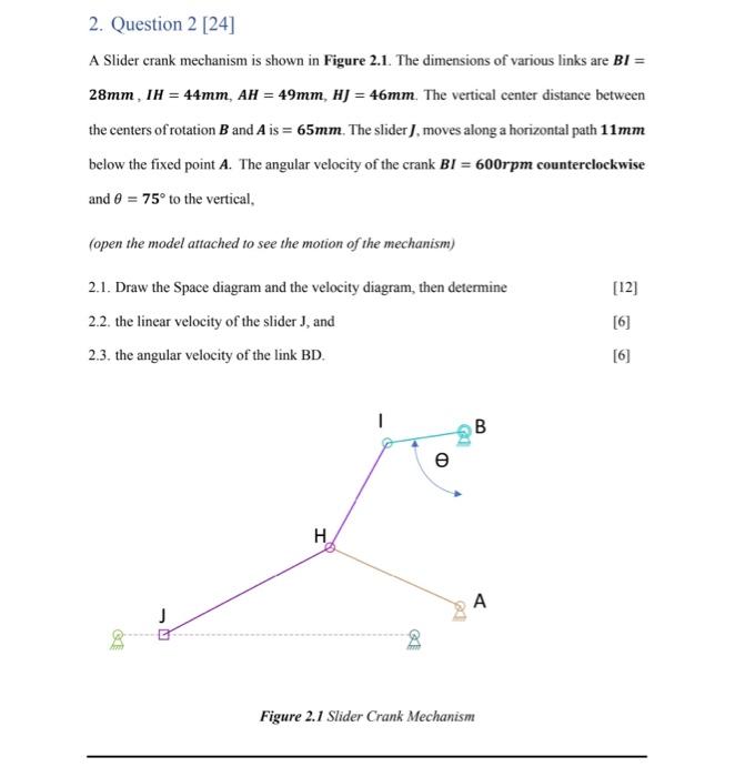 2 Question 2 24 A Slider Crank Mechanism Is Shown In Figure 2 1 The Dimensions Of Various Links Are Bi 28mm Ih 1