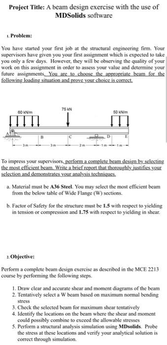 Project Title A Beam Design Exercise With The Use Of Mdsolids Software 1 Problem You Have Started Your First Job At T 1