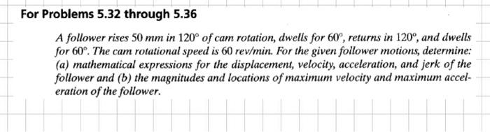 For Problems 5 32 Through 5 36 A Follower Rises 50 Mm In 120 Of Cam Rotation Dwells For 60 Returns In 120 And Dwel 1