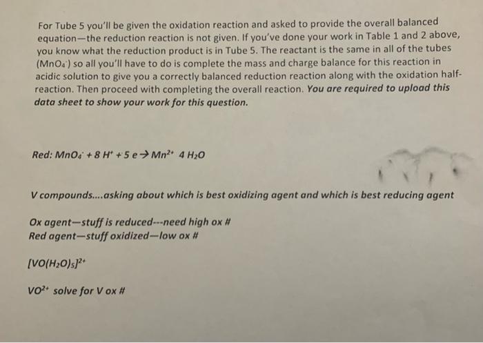 For Tube 5 You Ll Be Given The Oxidation Reaction And Asked To Provide The Overall Balanced Equation The Reduction React 1