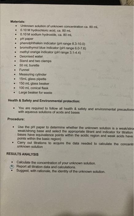 Materials Unknown Solution Of Unknown Concentration Ca 80 Ml 0 10 M Hydrochloric Acid Ca 80 Ml 0 10 M Sodium H 1