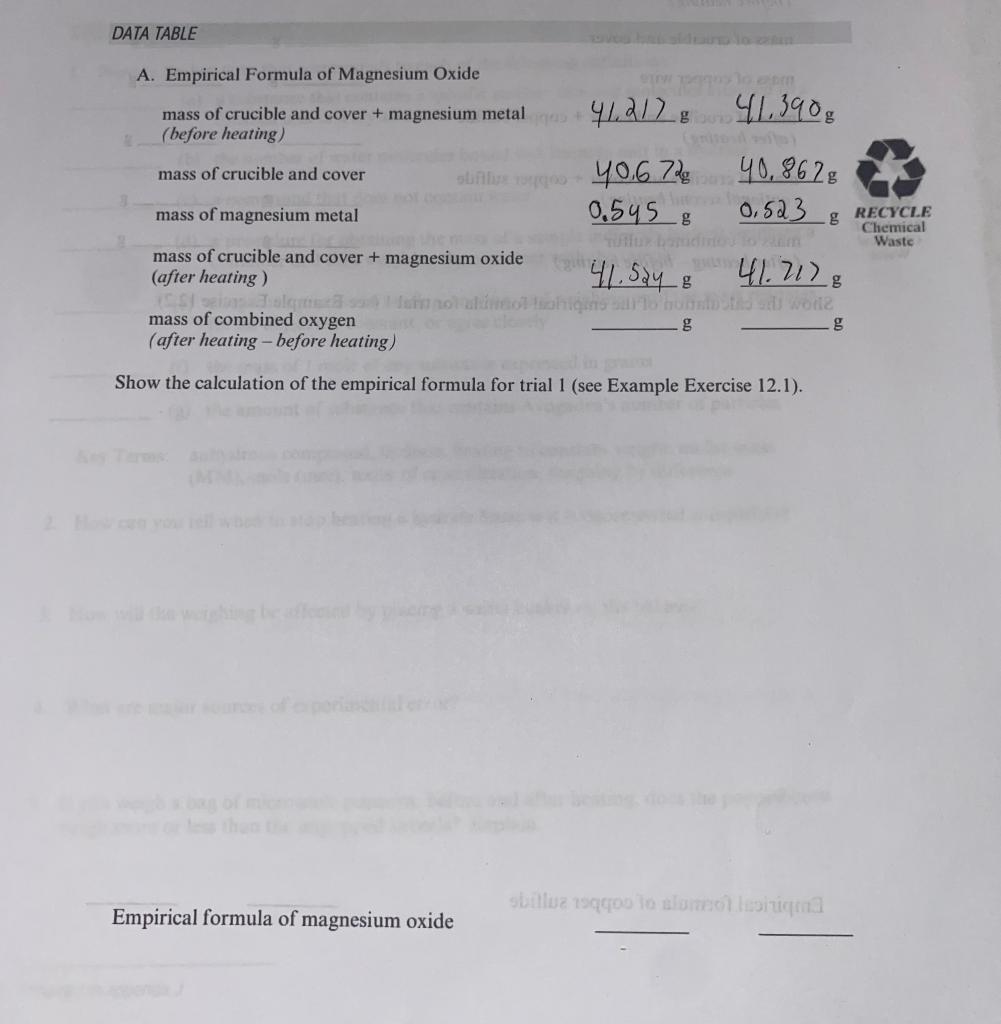 Data Table A Empirical Formula Of Magnesium Oxide Mass Of Crucible And Cover Magnesium Metal 41 2178 Before Heatin 1