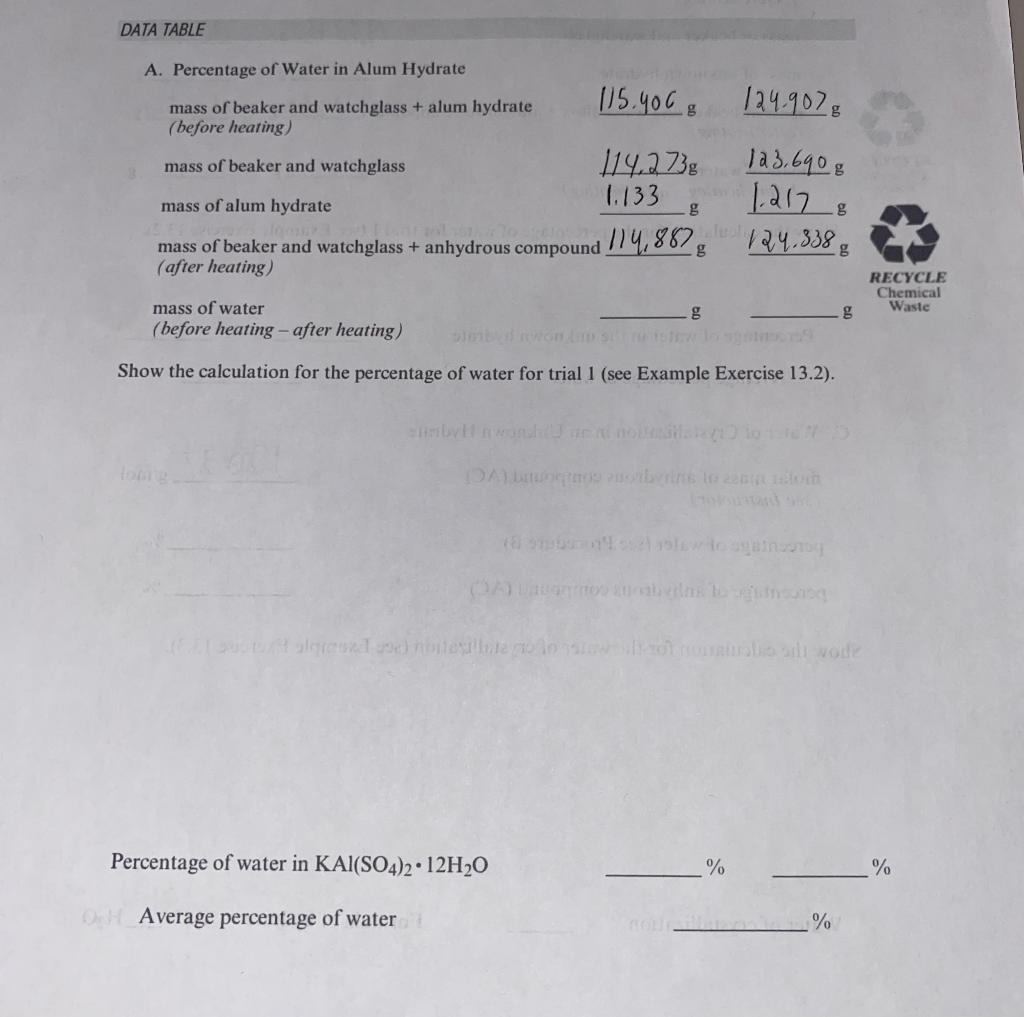 Data Table A Percentage Of Water In Alum Hydrate 115 400 Mass Of Beaker And Watchglass Alum Hydrate Before Heating 1
