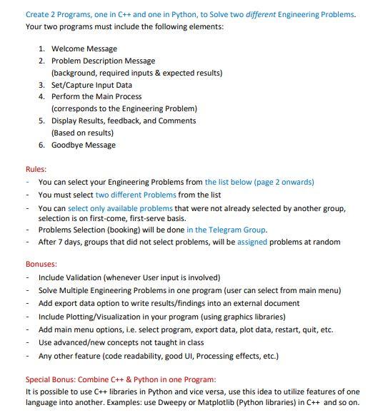 Create 2 Programs One In C And One In Python To Solve Two Different Engineering Problems Your Two Programs Must Inc 1
