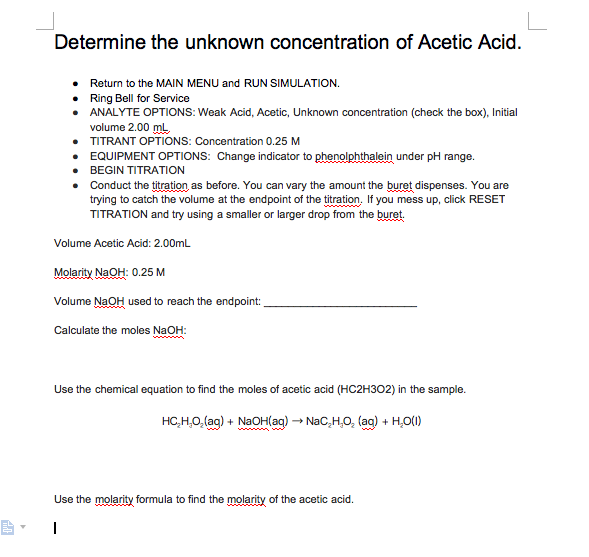 Determine The Unknown Concentration Of Acetic Acid Return To The Main Menu And Run Simulation Ring Bell For Service An 1
